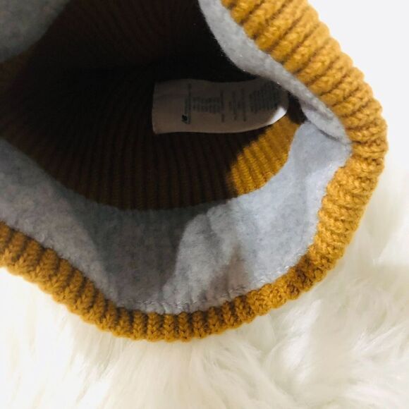 New Balance Ribbed Knit Fleece Lined Cuffed Beanie Mustard Yellow Wool Blend OSZ - Picture 5 of 7
